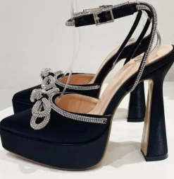 Black Satin Double Bow Platform Heels