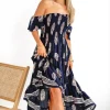 Daisy Bandeau High Low Dress in Navy Print