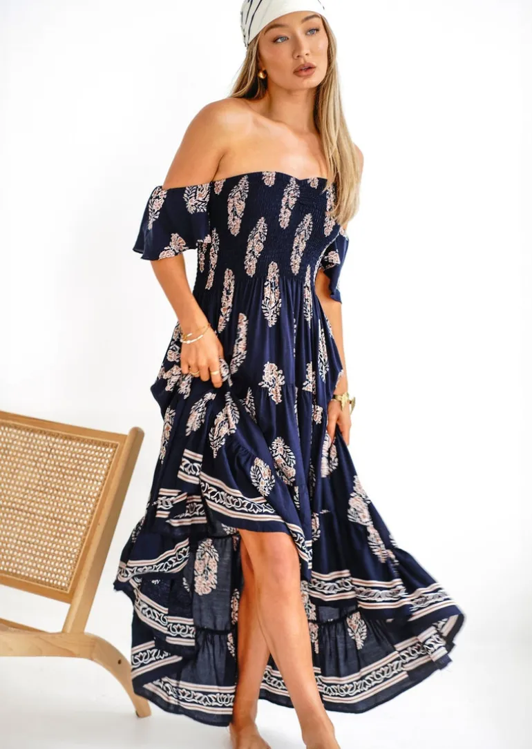 Daisy Bandeau High Low Dress in Navy Print