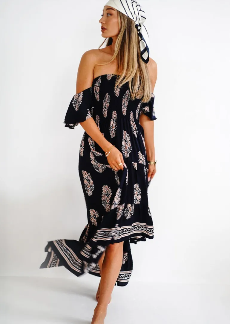 Daisy Bandeau High Low Dress in Navy Print