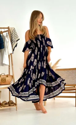 Daisy Bandeau High Low Dress in Navy Print