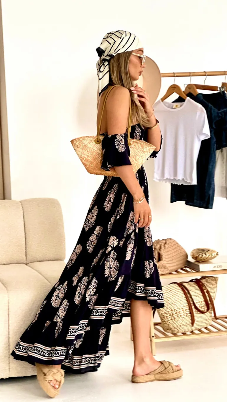 Daisy Bandeau High Low Dress in Navy Print