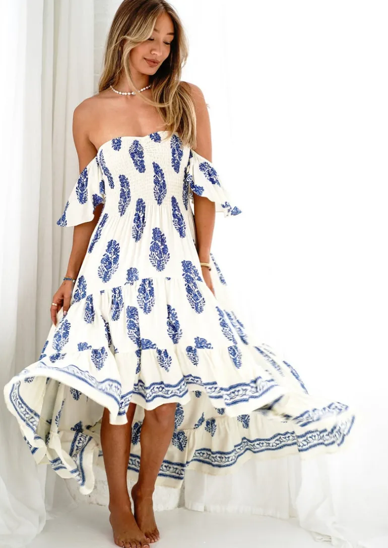 Daisy Bandeau High Low Dress in Blue Print