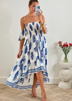 Daisy Bandeau High Low Dress in Blue Print