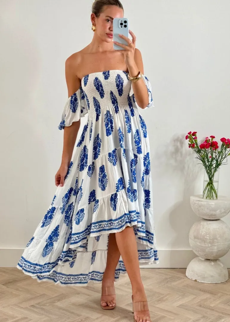 Daisy Bandeau High Low Dress in Blue Print