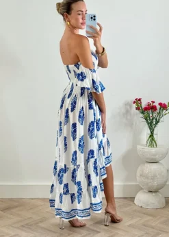 Daisy Bandeau High Low Dress in Blue Print