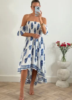 Daisy Bandeau High Low Dress in Blue Print