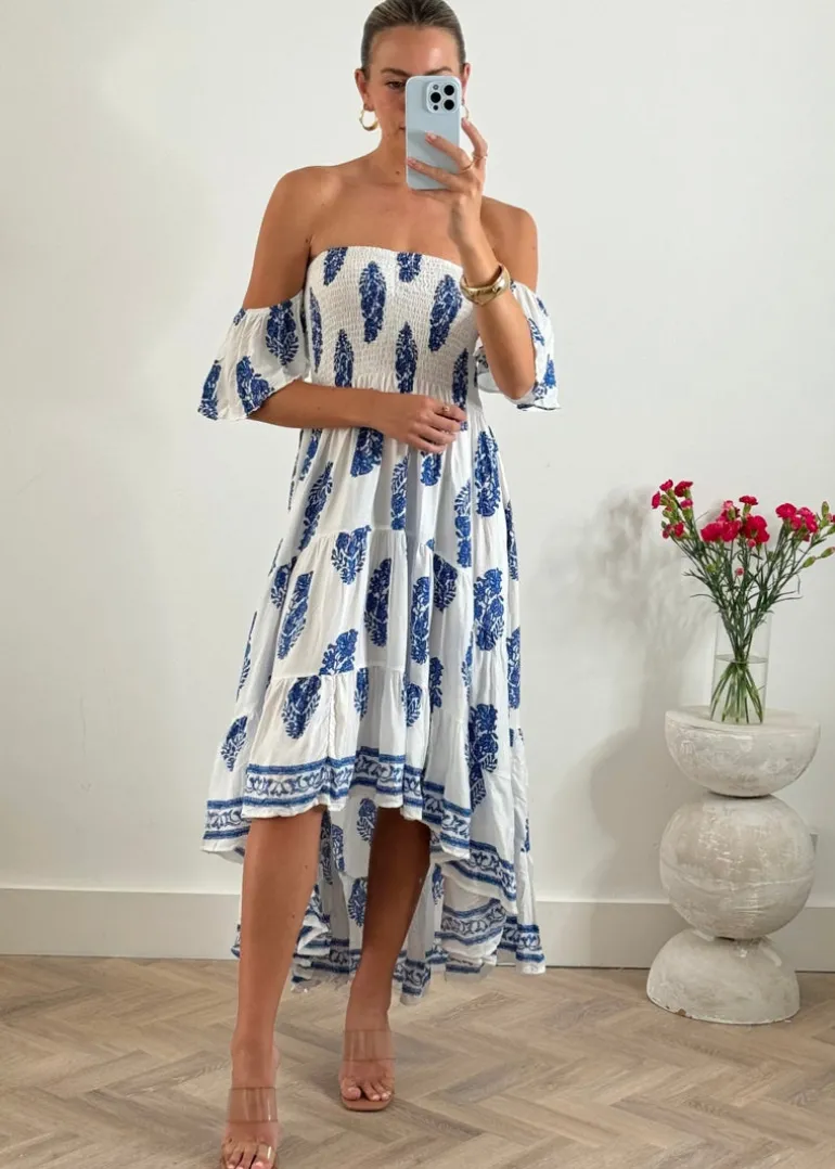 Daisy Bandeau High Low Dress in Blue Print