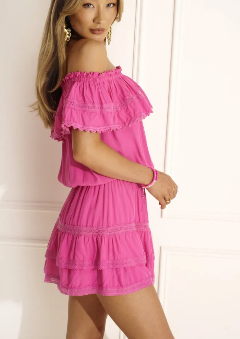 Hot Pink Off Shoulder Ruffled Voile Mini Dress Lily