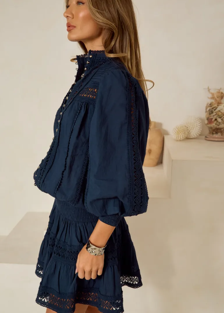 Lace Trimmed Cotton Mini Dress Moncur in Navy