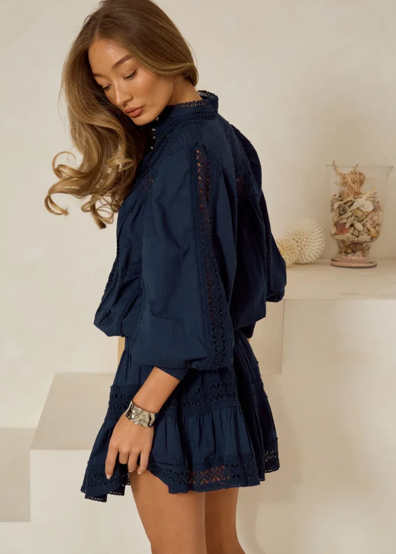 Lace Trimmed Cotton Mini Dress Moncur in Navy
