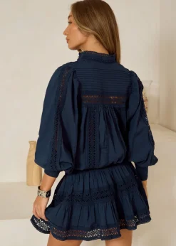 Lace Trimmed Cotton Mini Dress Moncur in Navy