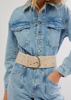 Laurel Embroidered Leather Belt in Sand Dune