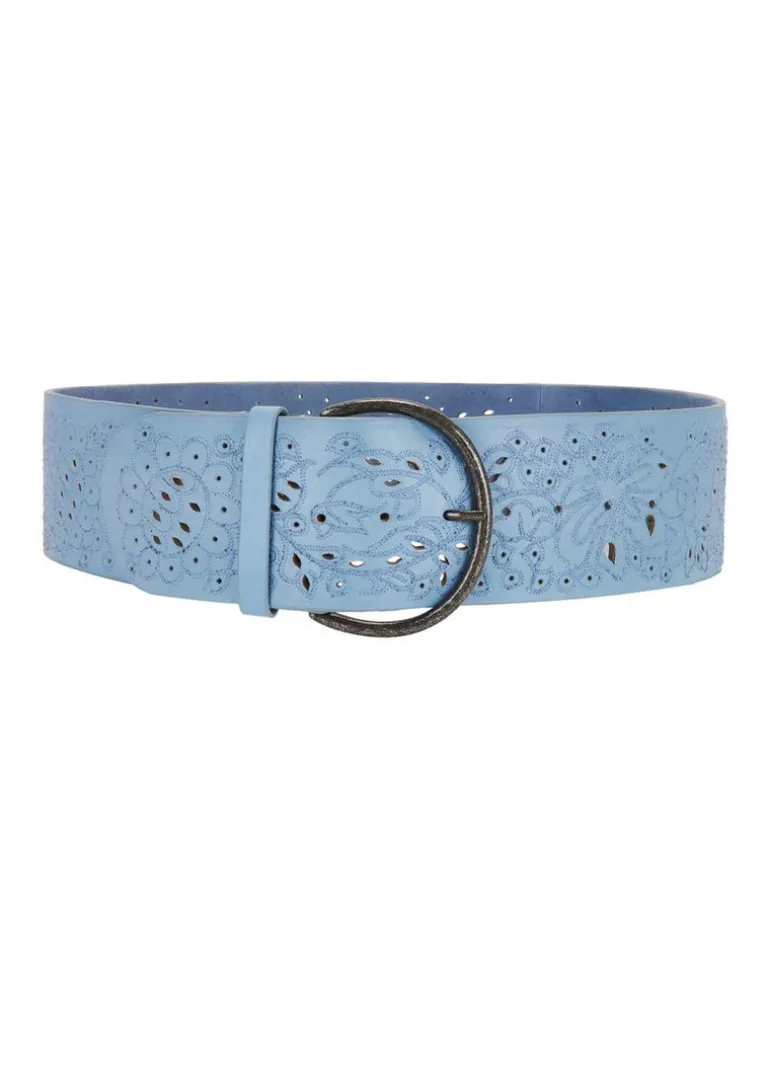 Laurel Embroidered Leather Belt in Chambray