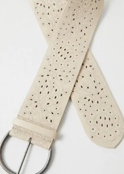 Laurel Embroidered Leather Belt in Sand Dune