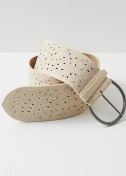 Laurel Embroidered Leather Belt in Sand Dune