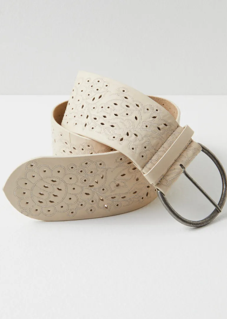 Laurel Embroidered Leather Belt in Sand Dune