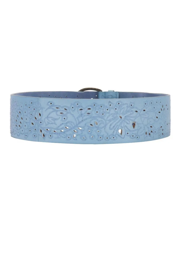 Laurel Embroidered Leather Belt in Chambray