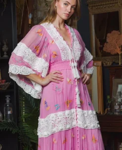Madame Butterfly Embroidered Dress in Fuchsia