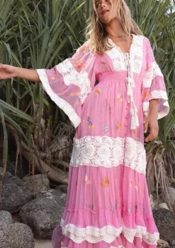 Madame Butterfly Embroidered Dress in Fuchsia