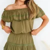 Olive Off Shoulder Ruffled Voile Mini Dress Lily