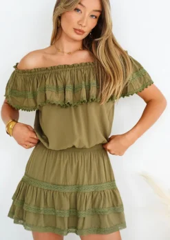 Olive Off Shoulder Ruffled Voile Mini Dress Lily