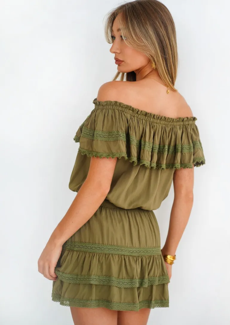 Olive Off Shoulder Ruffled Voile Mini Dress Lily