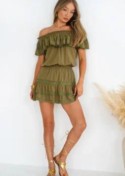 Olive Off Shoulder Ruffled Voile Mini Dress Lily