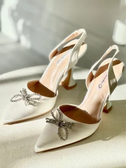 Rosie Crystal Embellished Satin Pumps in White