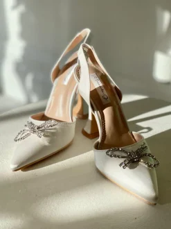 Rosie Crystal Embellished Satin Pumps in White