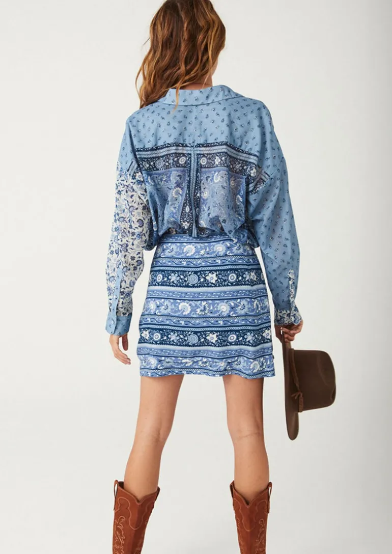 Sunshine Bandit Wrap Mini Skirt Chambray