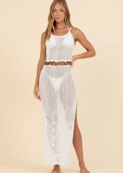 White Crochet Maxi Dress With Beads