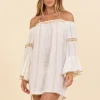 White Lurex Stripe Off Shoulder Mini Dress